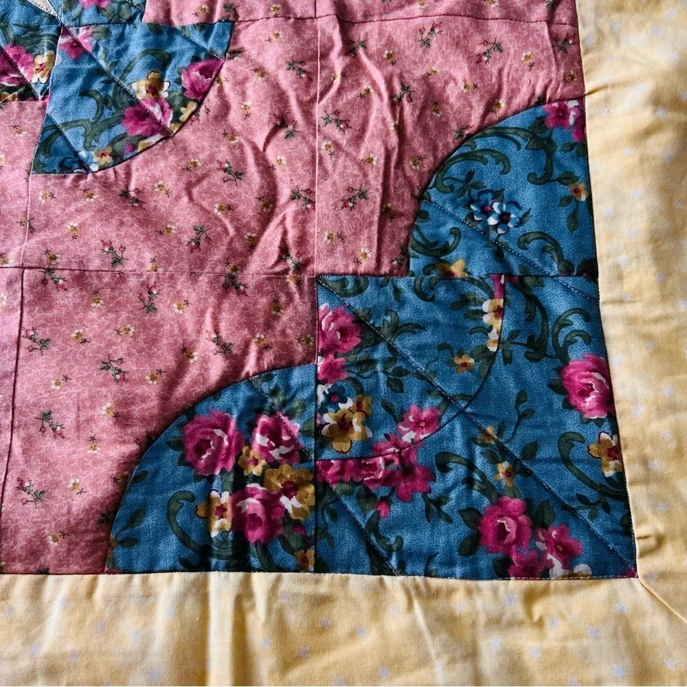 New Handmade Floral Sunburst Quilt - Pink, Blue, Yellow